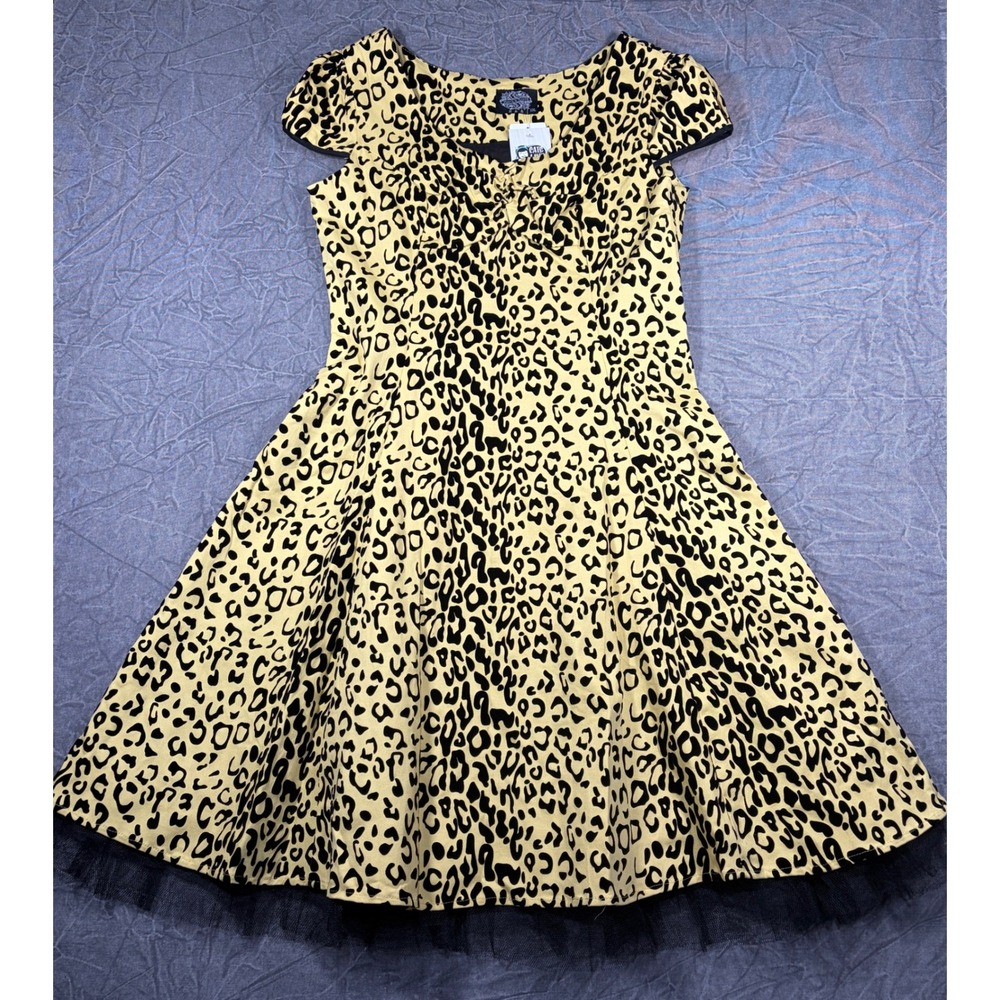 Hearts & Roses Dress Women 18 Yellow Leopard Print Rockabilly Swing Tulle Hem